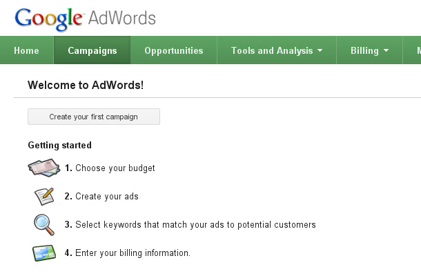 Google AdWords Welcome Screen